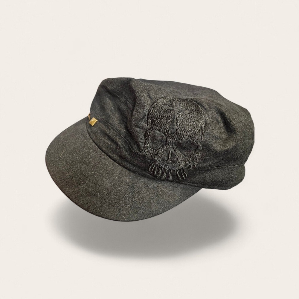 Black Skull Embroidered Cadet Cap Gold Studded Military Hat Faux Suede Gothic